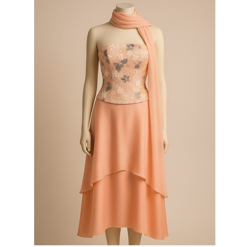 Vintage Peach Embroidered Floral 3-Piece Set Corset Skirt Scarf Size Small